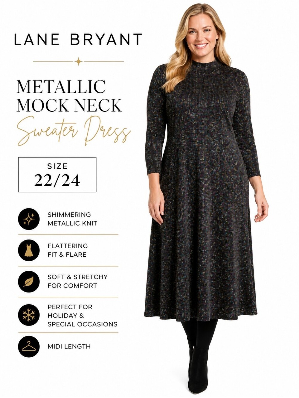 Lane Bryant Multicolor Metallic Mock Neck Sweater Dress Size 22/24 NWT